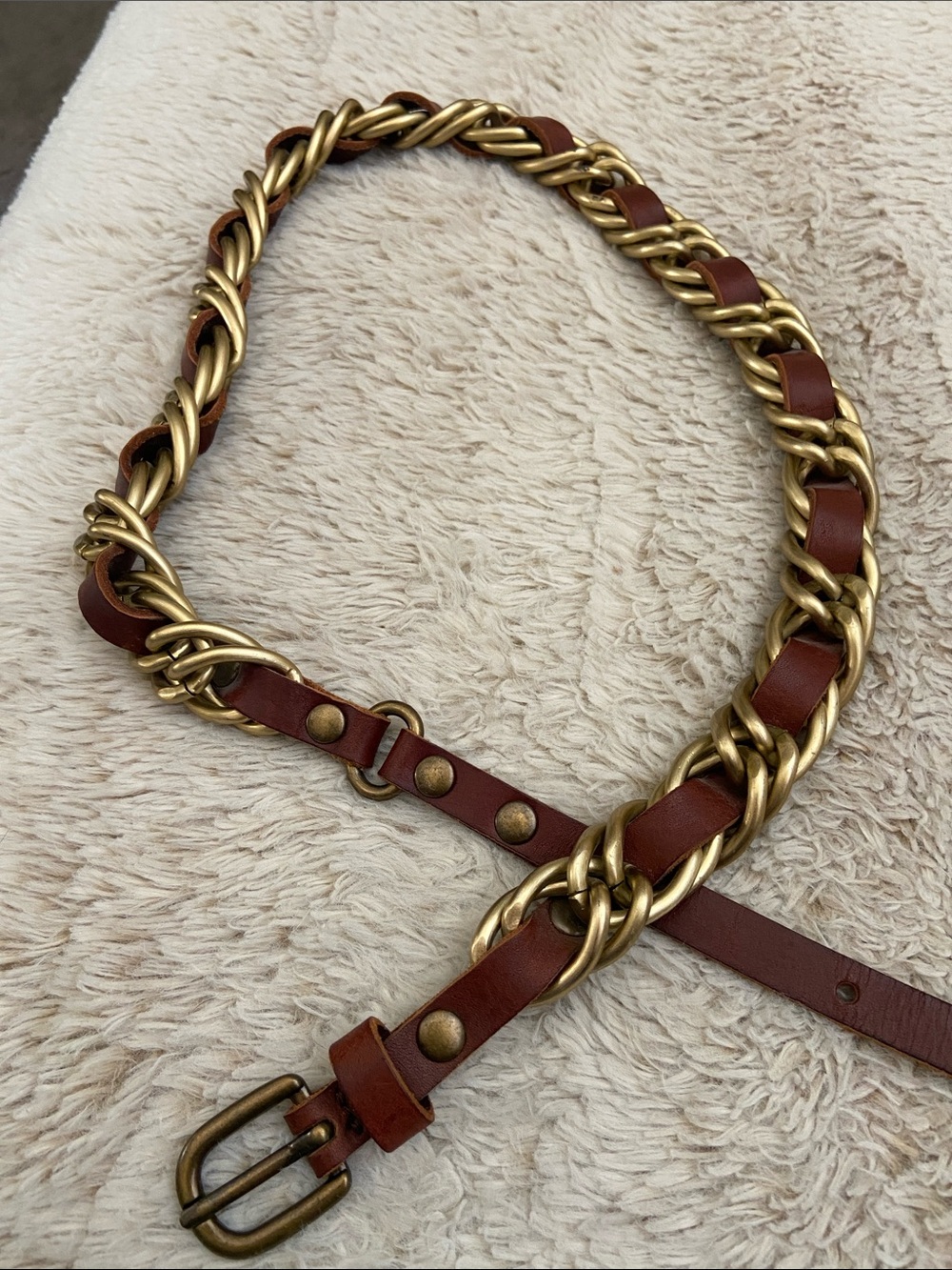 Braided Leather and Brass Chain Woman’s Belt - Brown/Gold